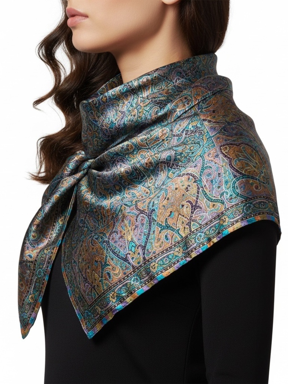 Silk Paisley Printed Scarf in Teal and‎ Gold - Women's Accessory 42x41